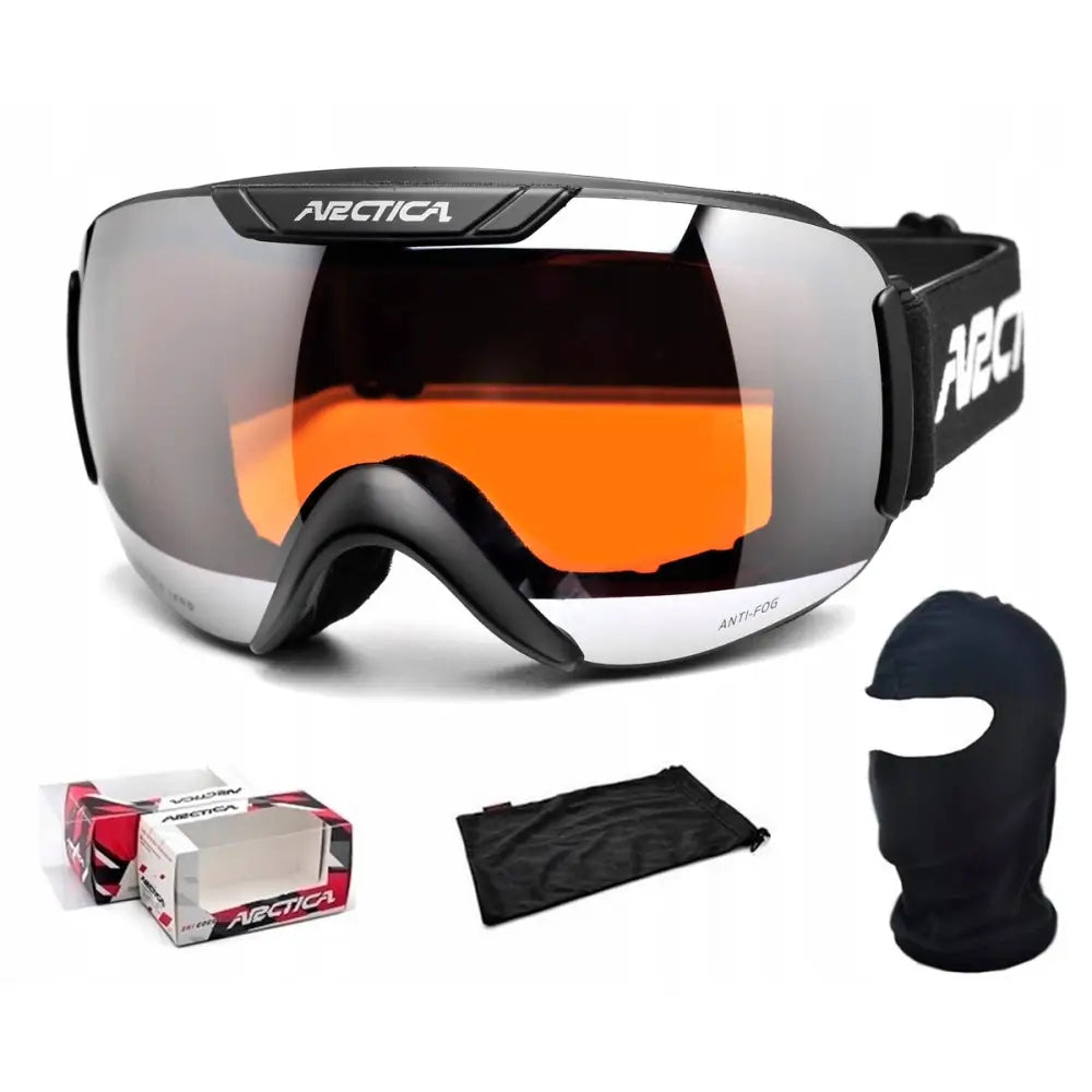 Arctica skibriller G117 med speilglass, oransje innside, futteral, eske og sort balaklava ved siden av.