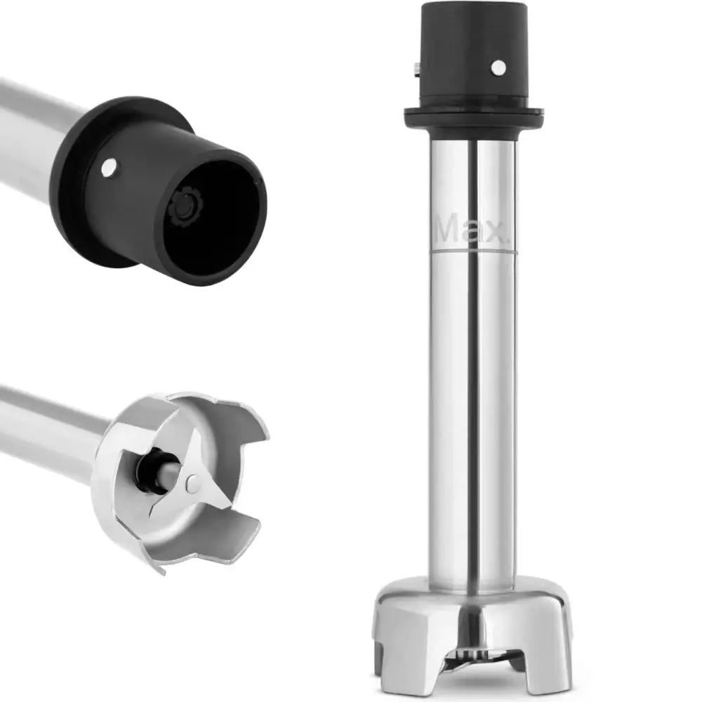 Arm blanderstav i rustfritt stål med svart plastfeste, detaljert visning av knivblad og festeåpning.