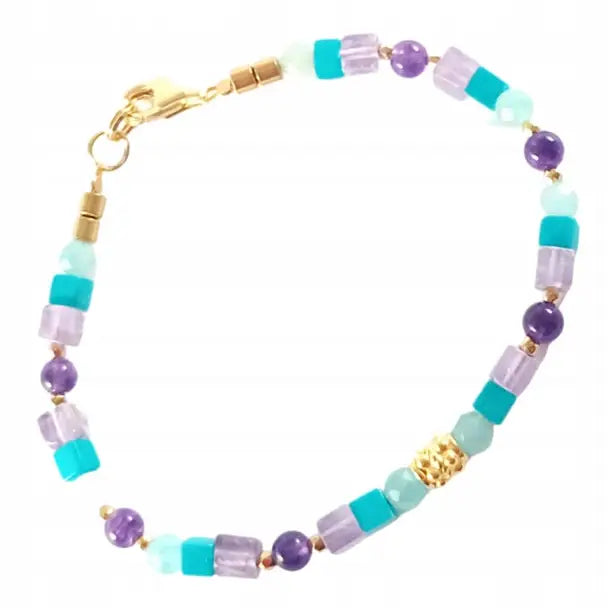 Armbånd Dame - Ametyst og Amazonitt med Gull Charms
