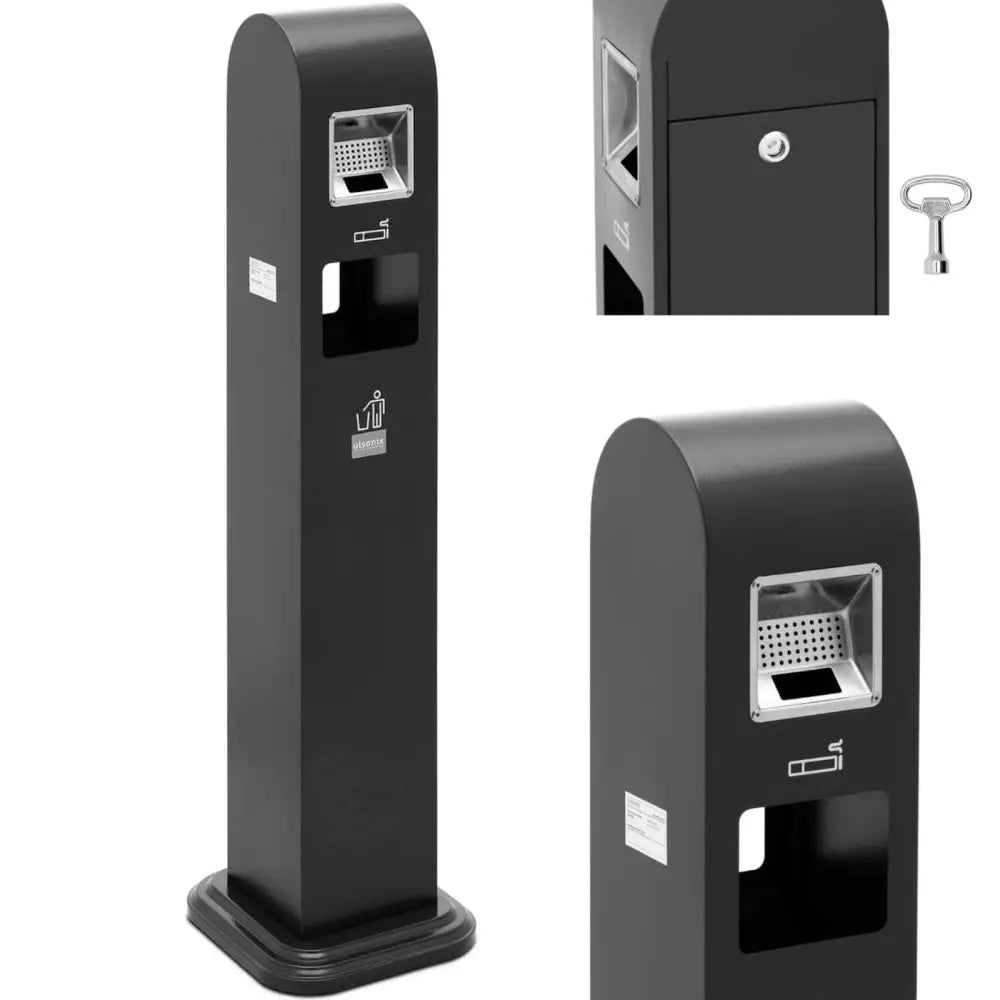 Stående askebeger i mørk grått metall med søppelkurv, rustfri topp og synlig låsbar bakside med nøkkel.