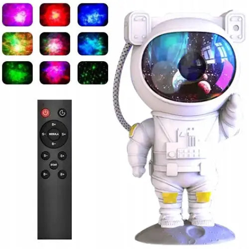 Astronautstjerne projektor LED nattlampe, hvit figur med reflekterende visir og fjernkontroll, fargerike lyseffekter.