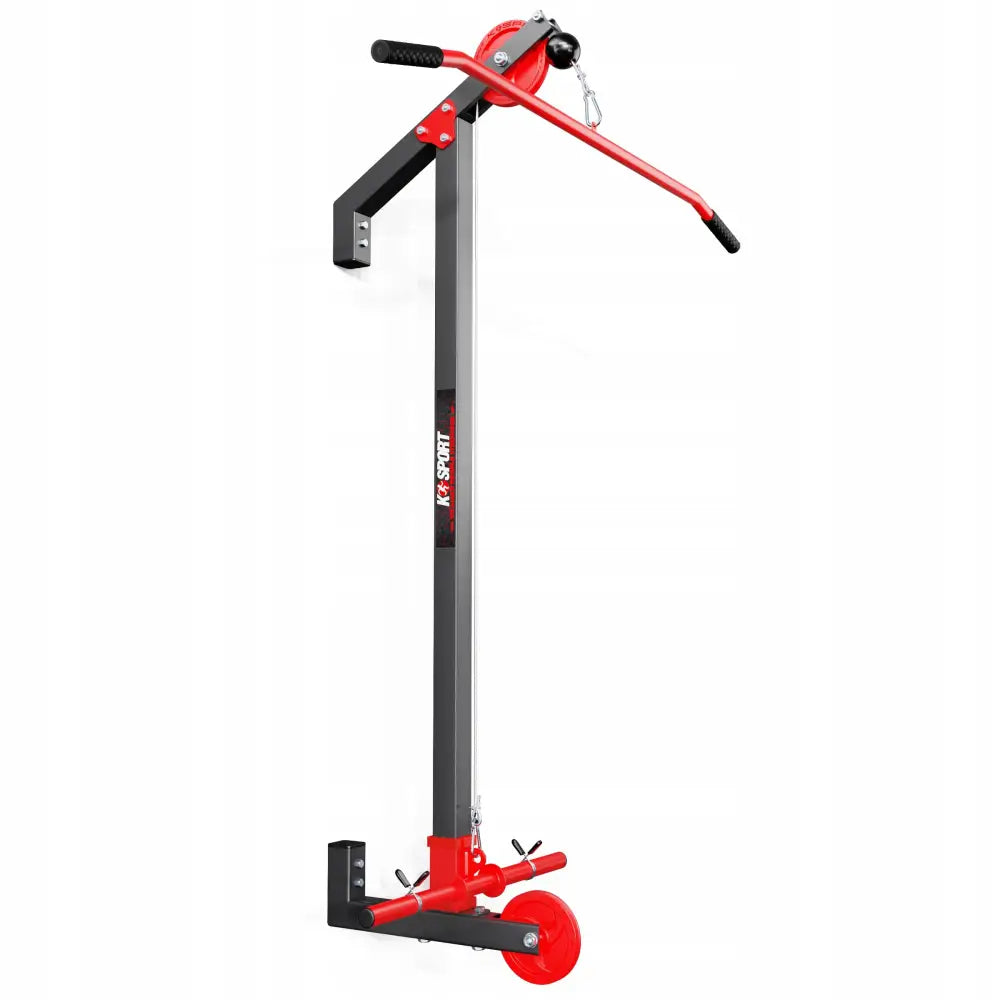 Atlas-trekk for port, sidevisning som viser svart og rød metallramme med sveiv, håndtak og hjul på hvit bakgrunn.