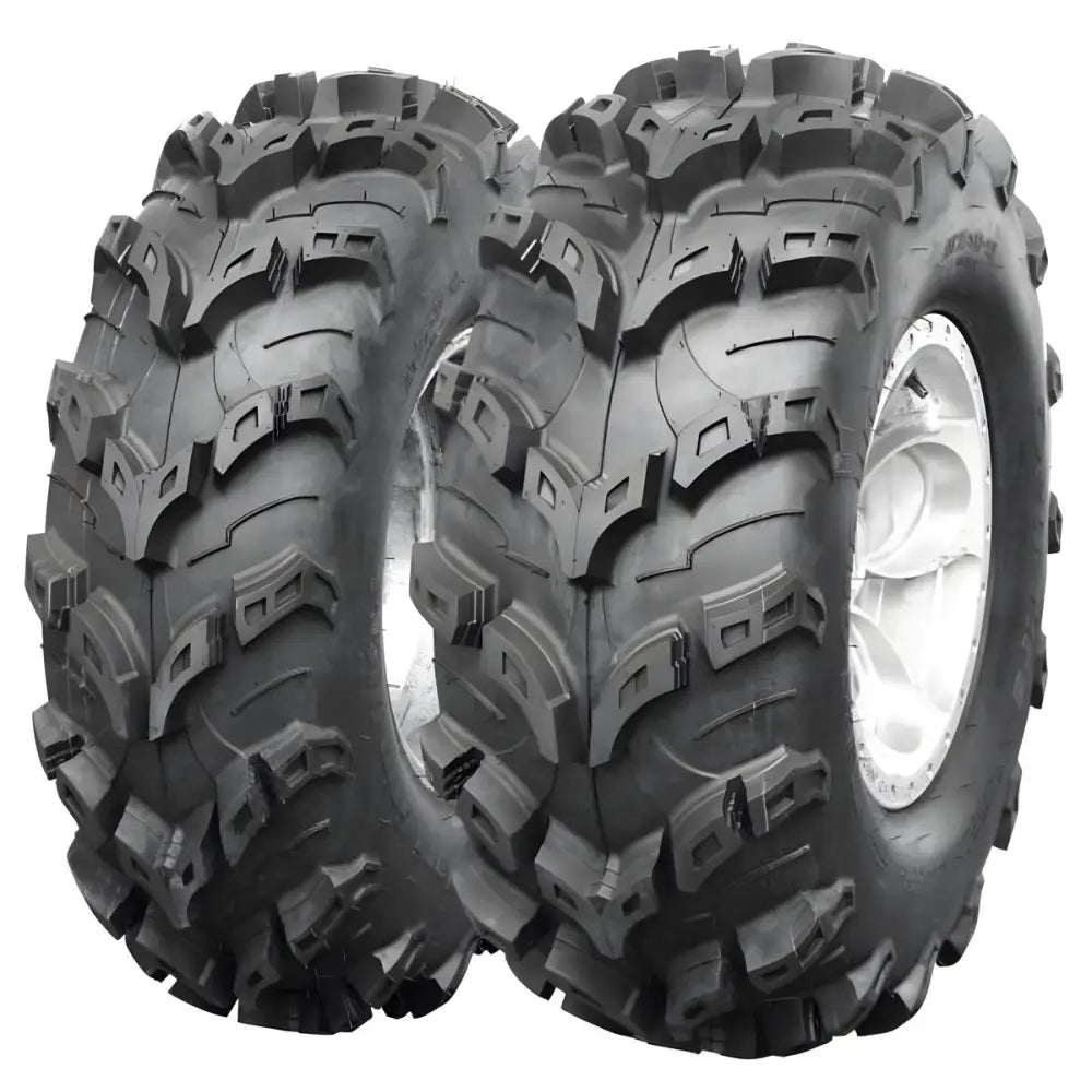 Atv Dekk 25x8-12 Deli SG-781 Maxi Grip, to dekk med grovt mønster og synlige sølvfelger sett fra skrå vinkel.