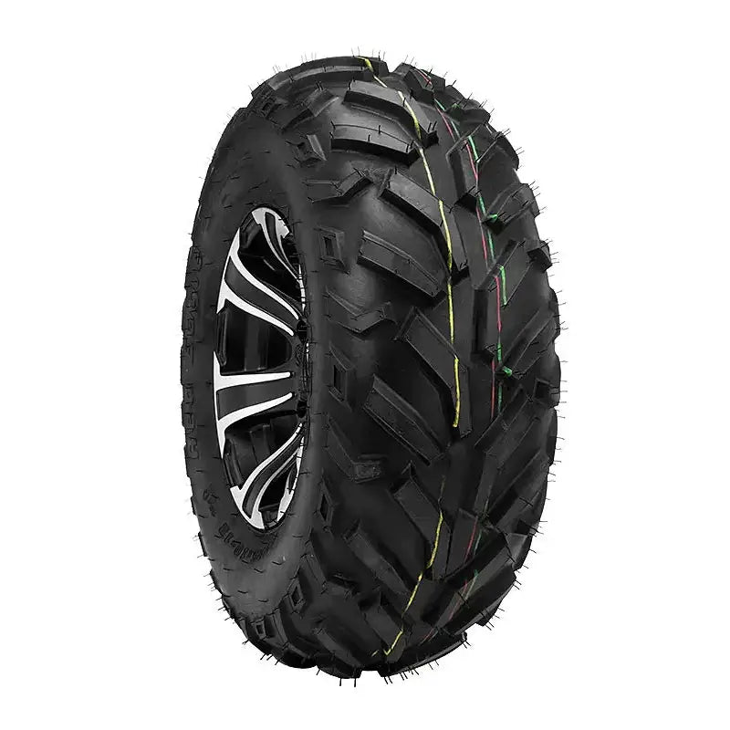 Atv Dekk 22x10-8 Duro DI2013 Red Eagle, skråvisning som fremhever grovt banemønster og tofarget felg.