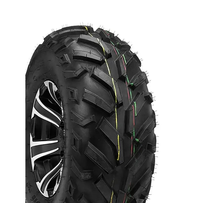 Atv Dekk 25x8-12 Duro Di2013f, skrå forfra-visning som fremhever slitebanens markerte spor og fargede linjer.