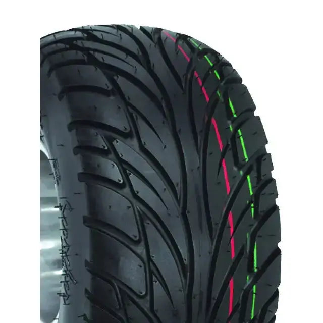 Atv Dekk 25x10-12 Duro DI2020 Scorcher, nærbilde av slitebanen med rosa og grønn stripe på høyre side.