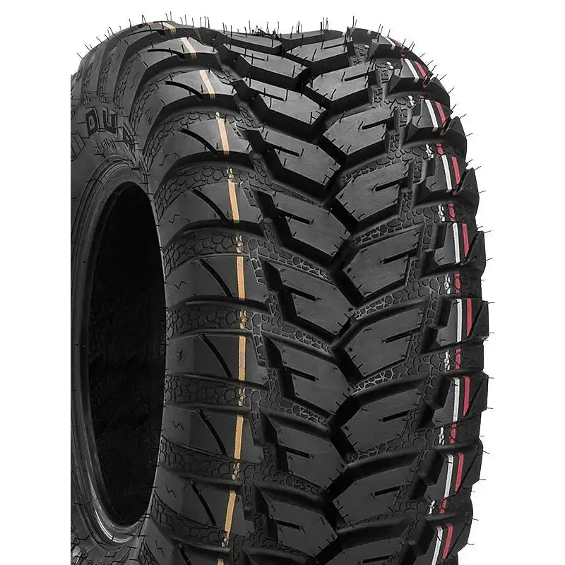 Atv Dekk 25x8-12 Duro DI2037, skråvisning som fremhever grovt mønster og fargede striper på slitebanen.