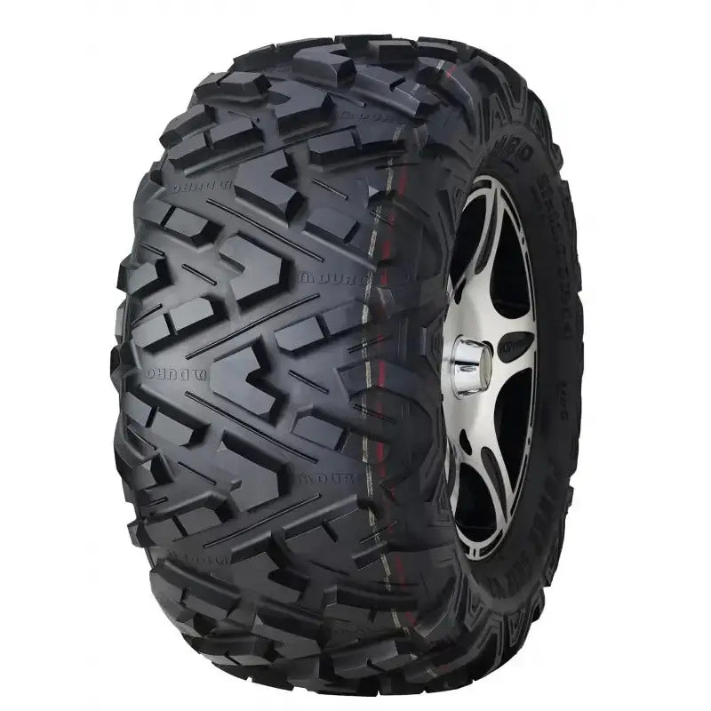 Atv Dekk 27x11R14 Duro DI2039 Power Grip V2, skråvisning som fremhever dypt mønster og sølvfarget felg.