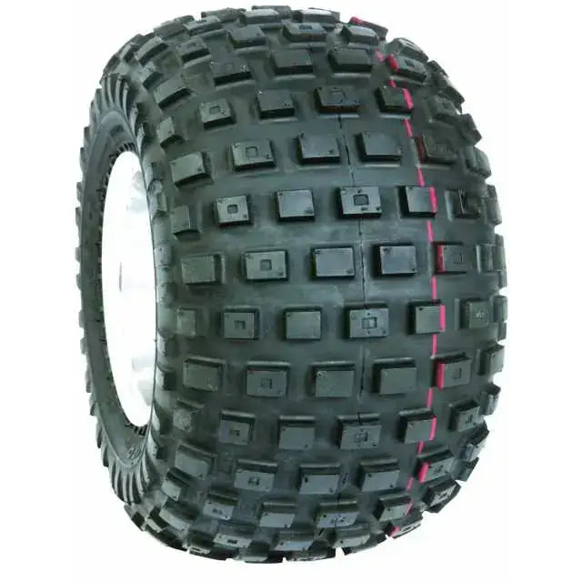 Atv Dekk 16x8-7 Duro HF240A, skråvisning med firkantede knotter og rosa stripe på slitebanen.