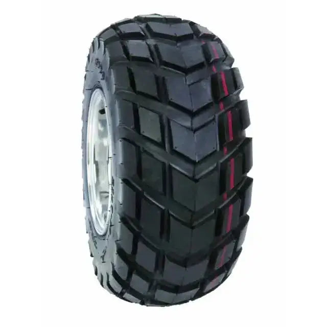 Atv Dekk 18x9.50 Duro HF247 med grove, dype mønsterspor og røde linjer, vist fra siden mot hvit bakgrunn.