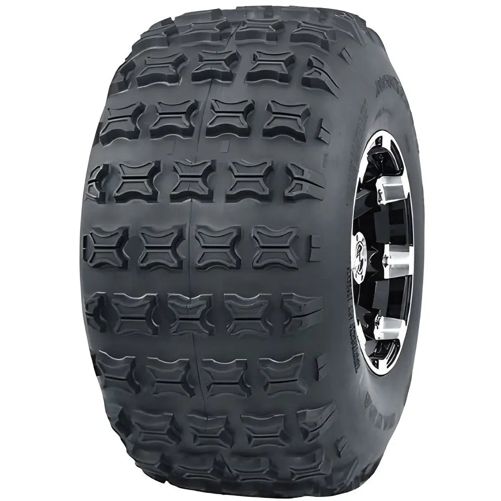 Atv Dekk 18x9.50 Hakuba P316, skråvisning som fremhever det markante knastemønsteret og blank metallfelg.