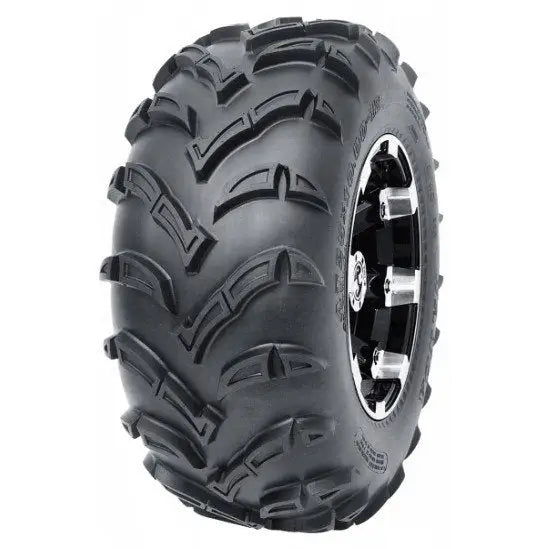Atv Dekk 25x10-12 Hakuba P377 med grovt mønster, sett skrått fra siden, viser felg med sølvdetaljer.