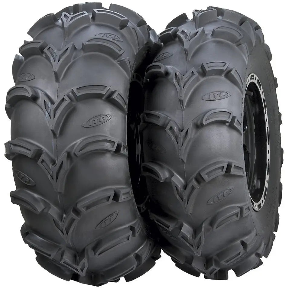 Atv Dekk 26x10-12 Mud Lite XL, to svarte terrengdekk med markert sidekant og grovt mønster sett fra skrå vinkel.