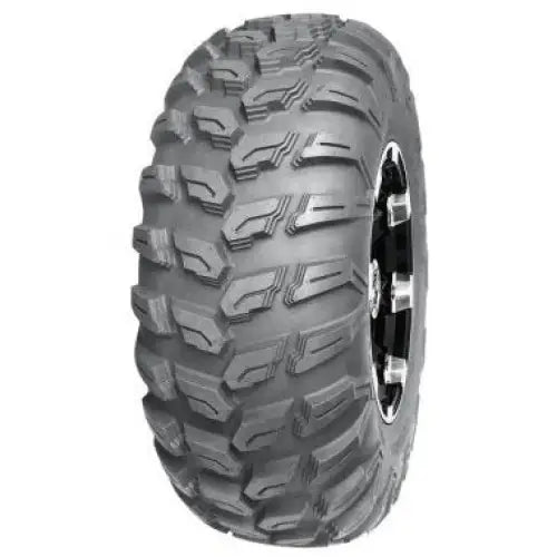 Atv Dekk 25x10R12 Journey, skråvisning som fremhever dypt grovmønster og felgens sorte og sølvfargede detaljer.