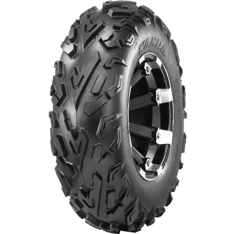 Atv Dekk 27x9-14 Journey, skrå forfra med markerte knaster og kombinasjon av svart og sølvfarget felg.