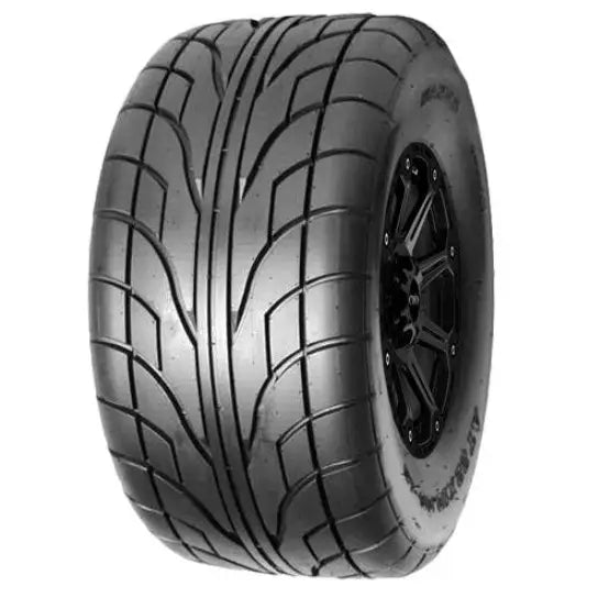 Atv Dekk 22x10-10 Journey P349, skrå forfra med tydelige mønsterlinjer og sort felg med flerdoble eiker.