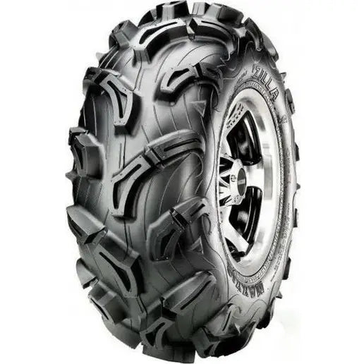 Atv Dekk 27x11-12 Maxxis MU02 Zilla, skråvisning med tydelige, dype knaster og metallfelg mot hvit bakgrunn.
