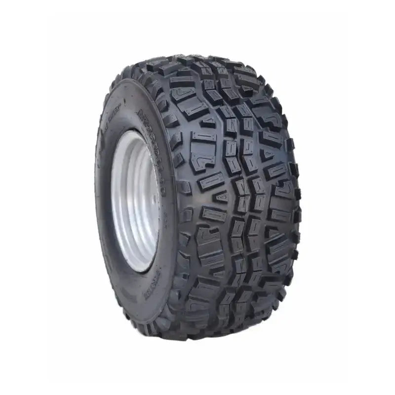 Atv Dekk 24x9-10 Roadguider Venus, skråvisning som fremhever den dype profilen og sølvfelgen mot hvit bakgrunn.