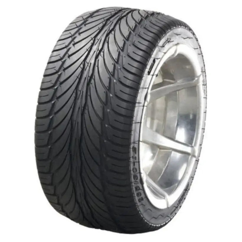 Atv Dekk Sunf A-034, bredt mønstret slitebane og sølv aluminiumsfelg sett fra skrå vinkel.