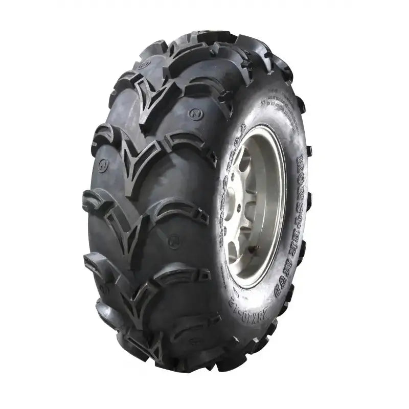 Atv Dekk 25x8-12 Sunf A-050, skråvisning som fremhever grove mønsterknaster og blank sølvfelg.