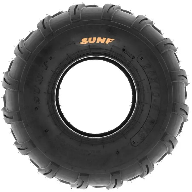Atv Dekk 18x9.50 Sunf, frontvisning som fremhever det kraftige mønsteret og den oransje SUNF-logoen på siden.