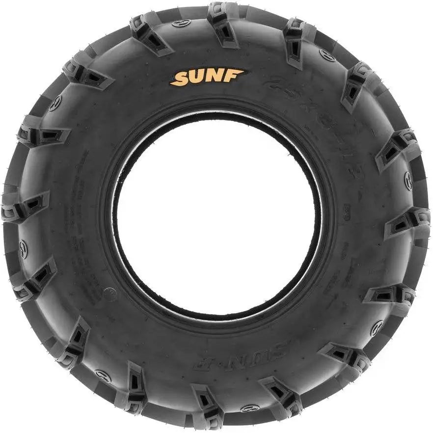 Atv Dekk 25x11-10 Sunf A050, frontbilde som viser grove knaster og tydelig oransje SUNF-logo på dekksiden.