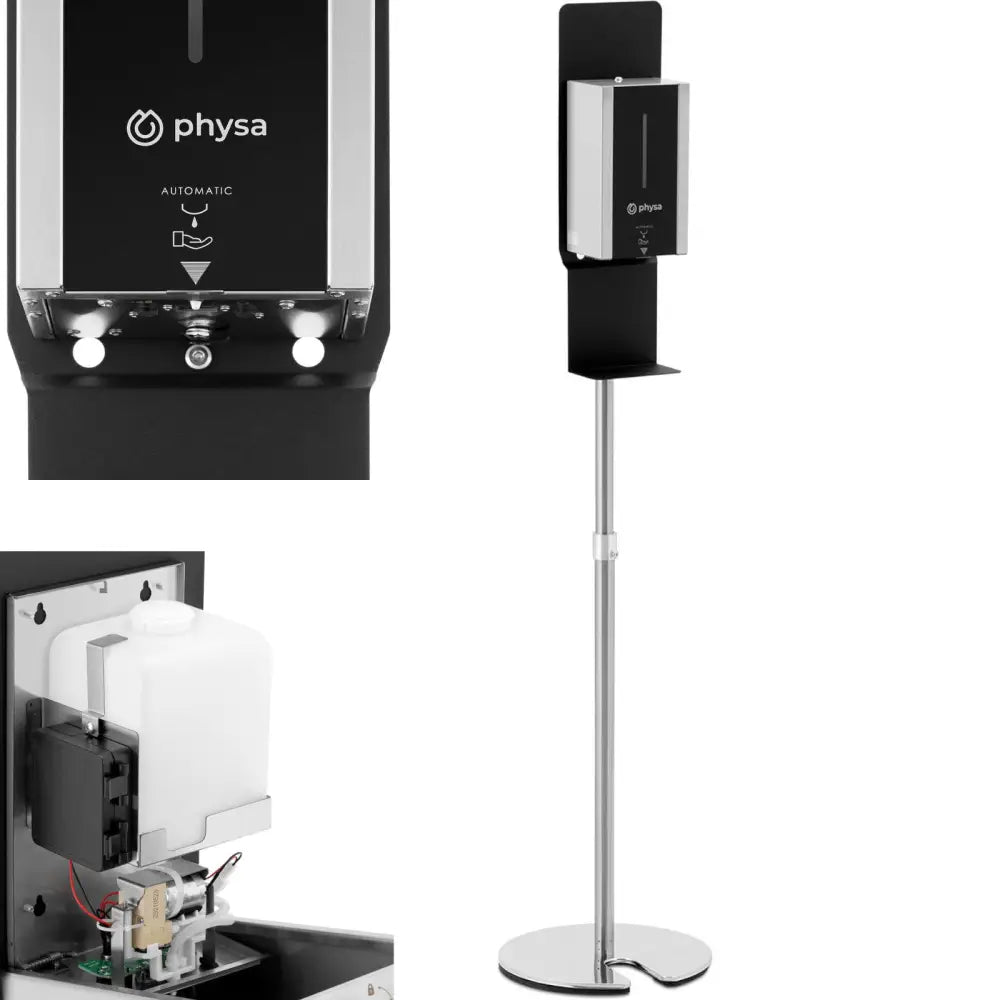 Automatisk berøringsfri desinfeksjonsstasjon i sort og sølv på stativ, komplett visning med panel og åpen innsats.