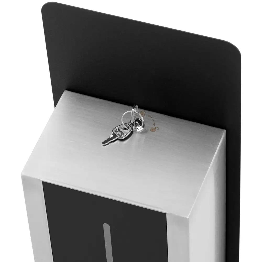 Automatisk berøringsfri desinfeksjonsstasjon, toppvisning av låsbar beholder med nøkkel i børstet metall.