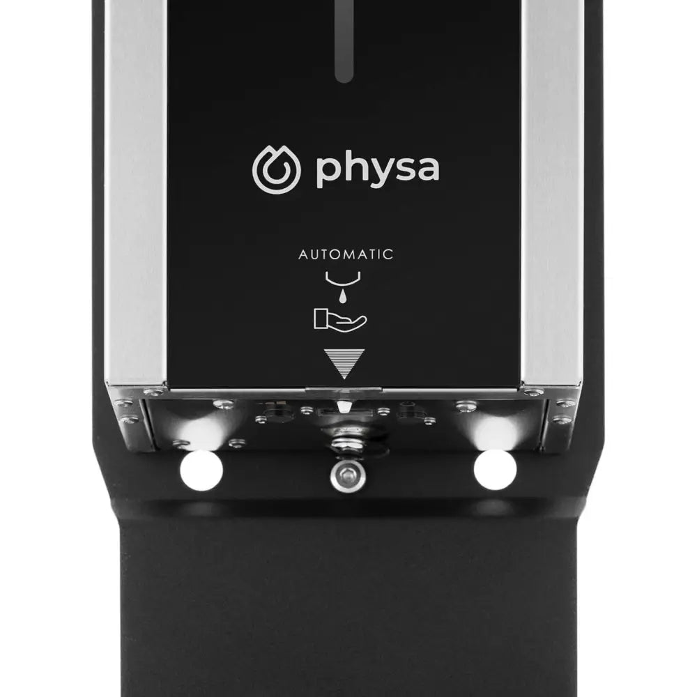 Automatisk berøringsfri desinfeksjonsstasjon, frontbilde med sensorindikator, dråpe- og håndsymbol samt logo.