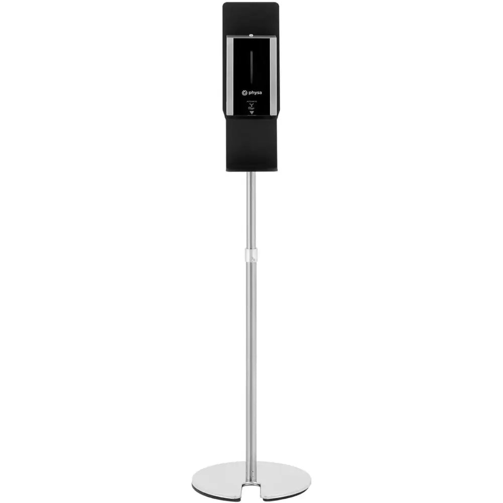 Automatisk berøringsfri desinfeksjonsstasjon på sølvstativ, frontvisning med rund, blank base.