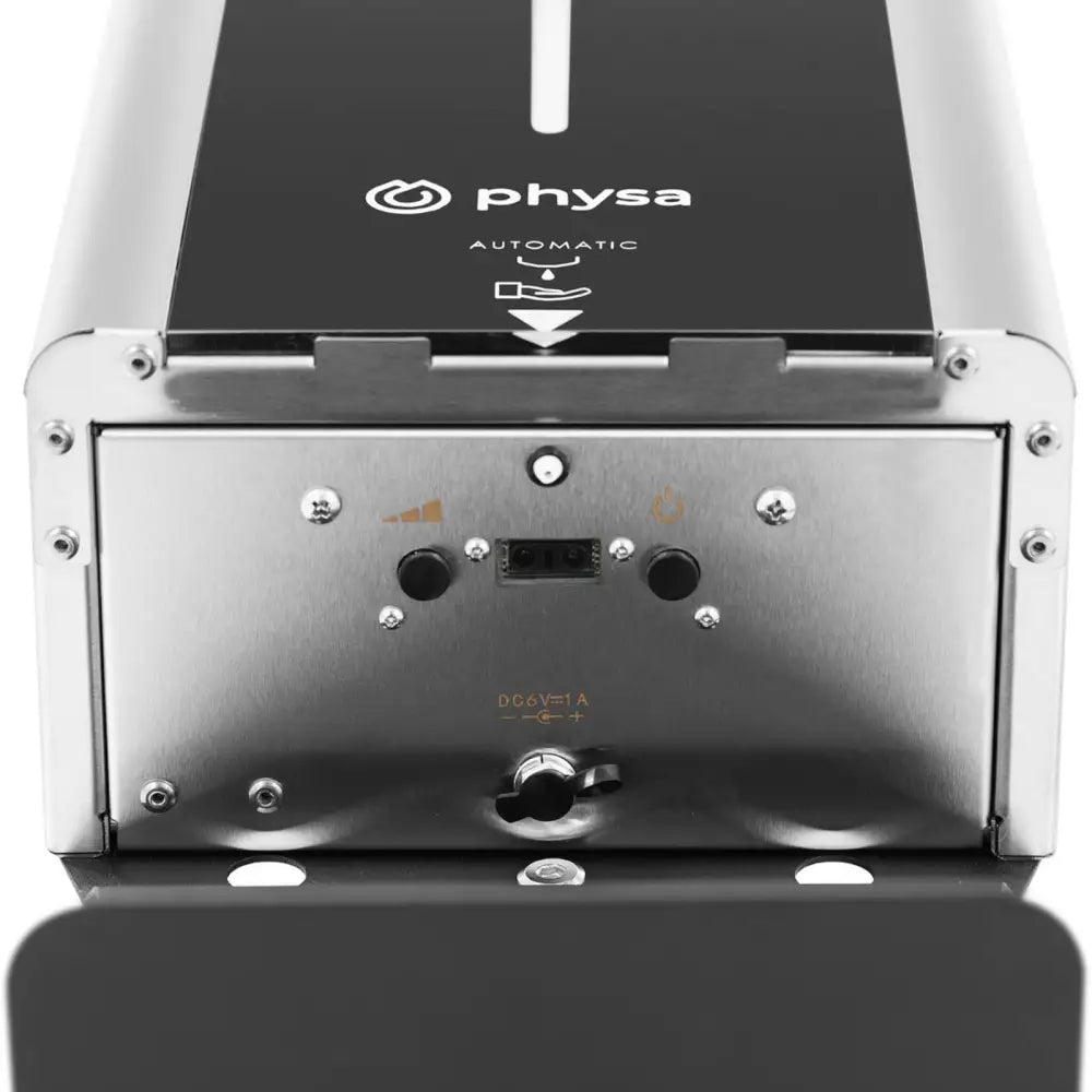 Nærbilde av undersiden på automatisk desinfiseringsstasjon med knapper, skruehull og symbolske ikoner.