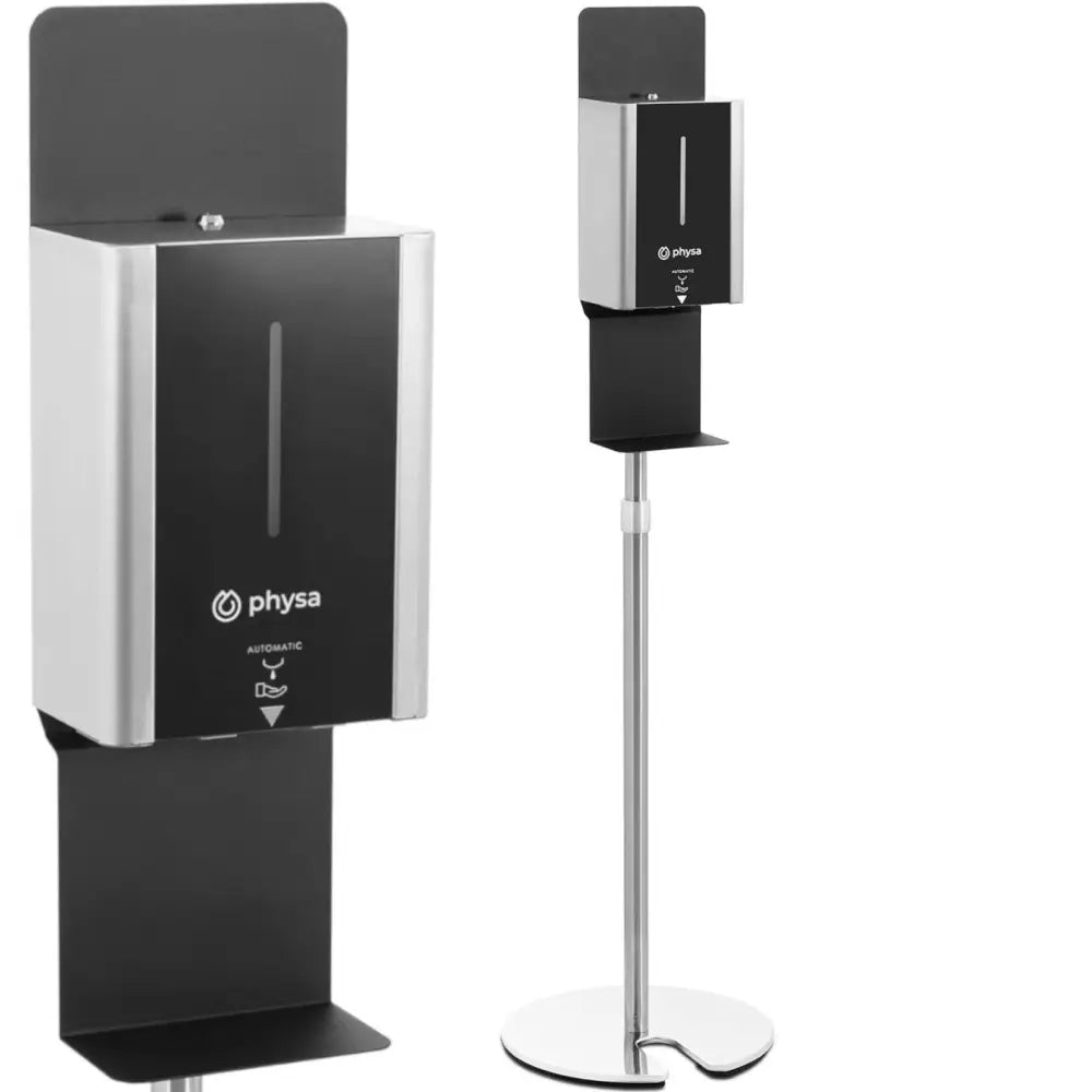 Automatisk berøringsfri desinfiseringsstasjon på sølvfarget stativ med rund fot, sett forfra og fra siden.