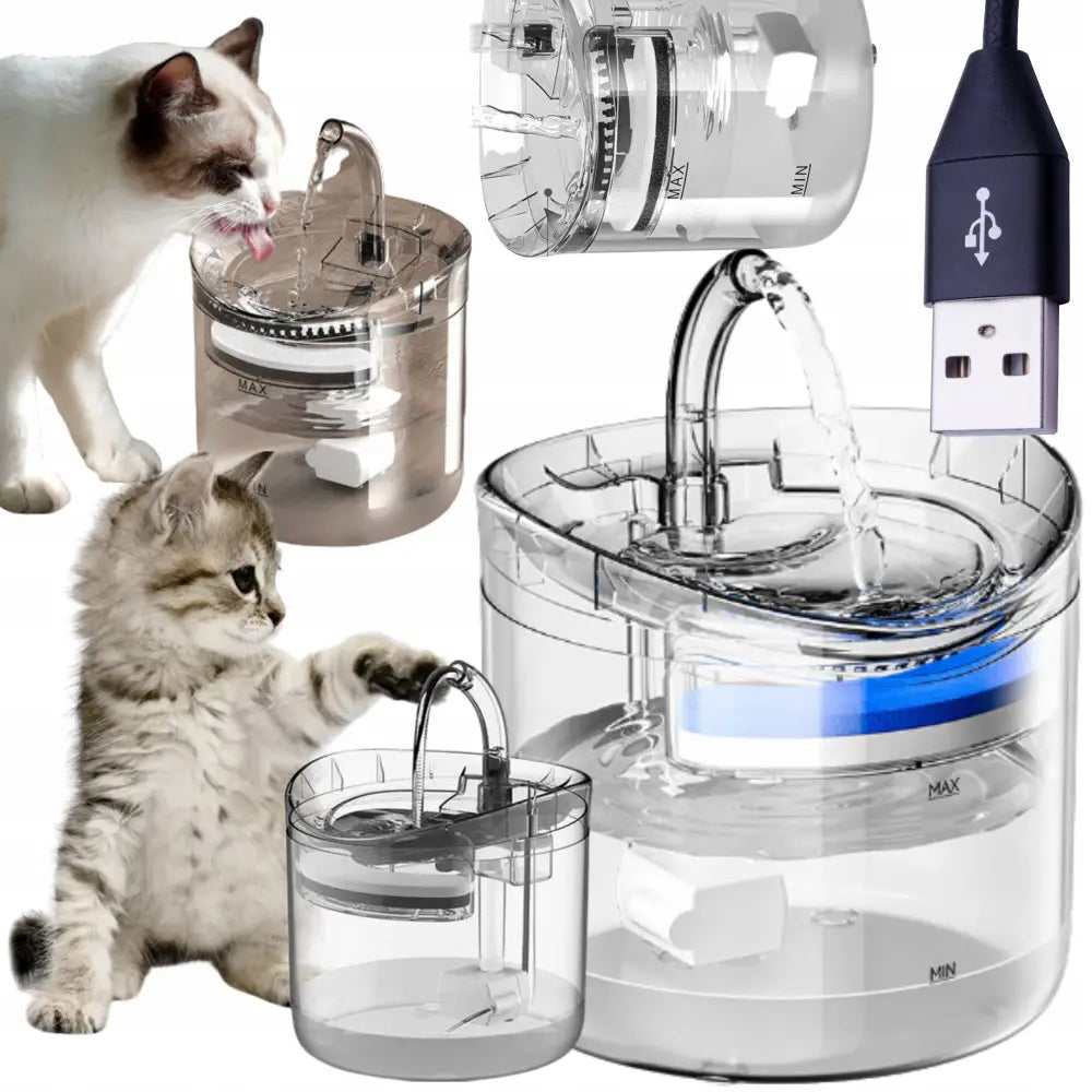 Automatisk drikkefontene for katt og hund 1,8 L, med vannstrøm, to katter, USB-kabel og filterdetalj.