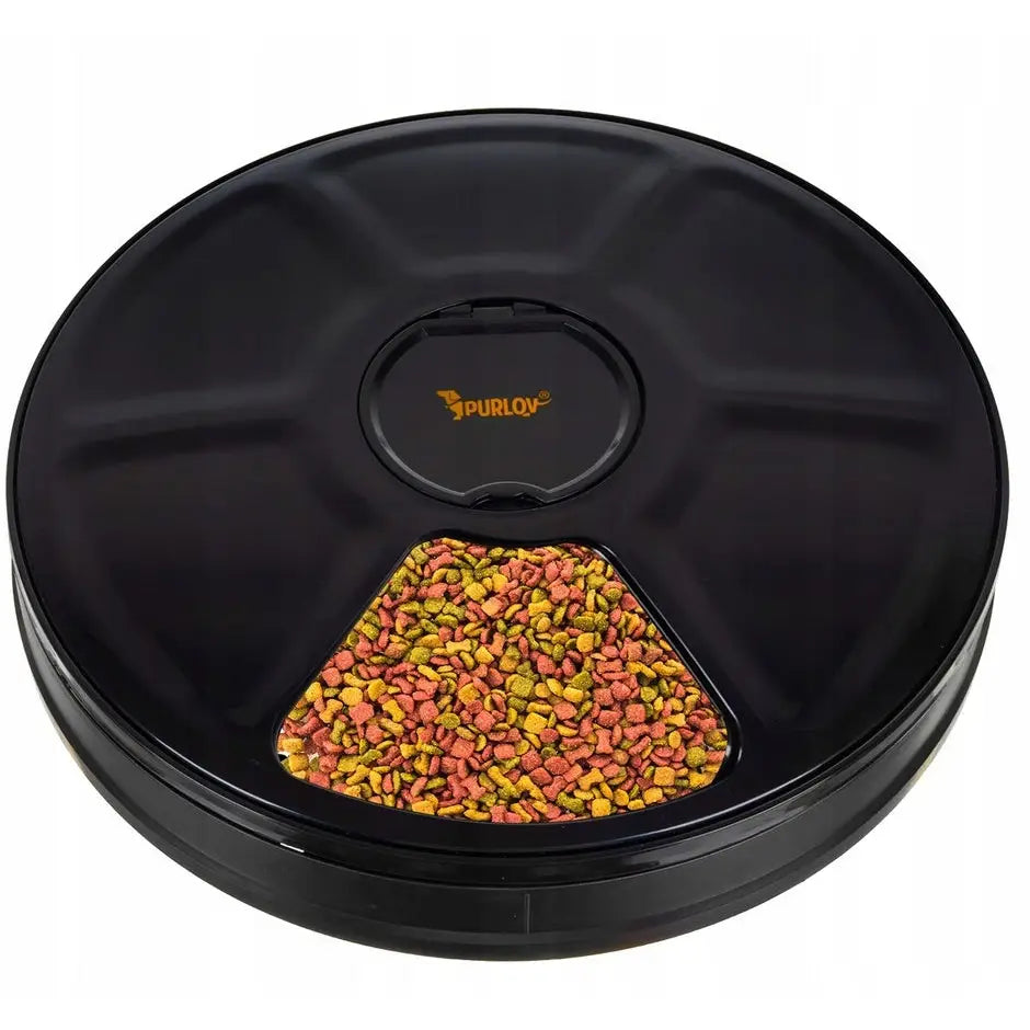 Automatisk fôrdispenser for hund og katt, toppvisning med synlig tørrfôr i trekantet rom gjennom vindu.