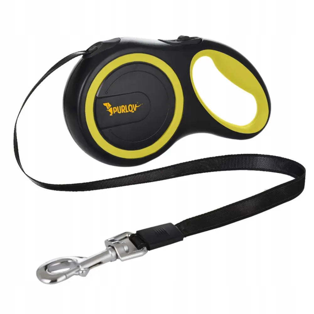 Automatisk hundelenke med lås, svart og gul design med ergonomisk håndtak og slitesterkt nylonbånd.