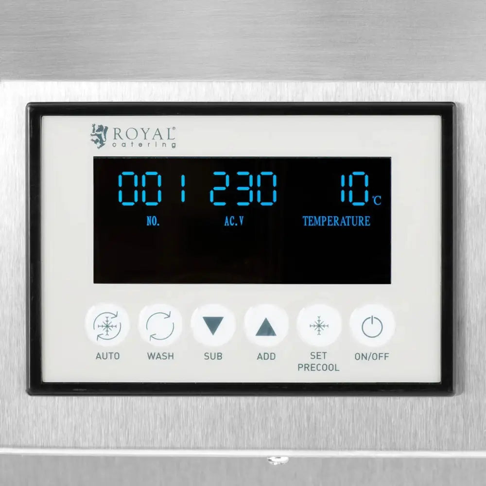 Automatisk iskremmaskin, nærbilde av digitalt kontrollpanel med blå LED-display og funksjonsknapper mot stål.