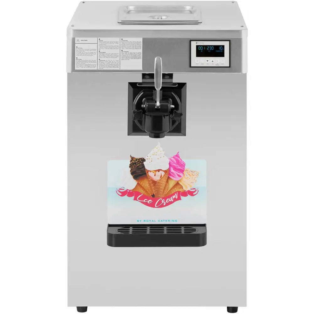 Automatisk iskremmaskin i rustfritt stål, frontbilde med digital skjerm, hendel og dekorativ iskremillustrasjon.