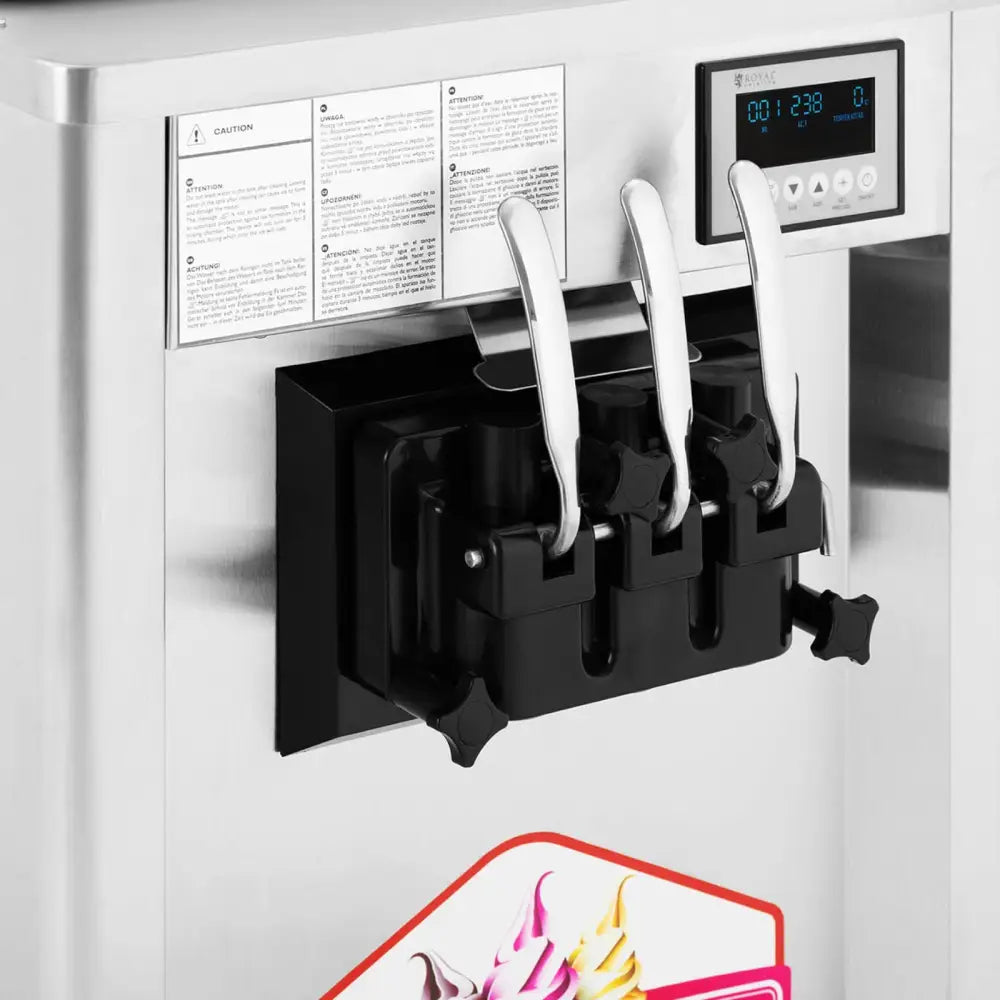 Automatisk iskremmaskin med tre sølvspaker, sort serveringsenhet og digitalt display i rustfritt stål.