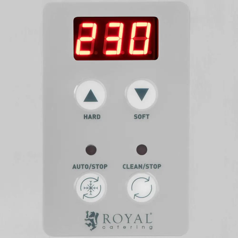 Digitalt betjeningspanel for iskremmaskin, hvit plast med rødt LED-display og seks funksjonsknapper.