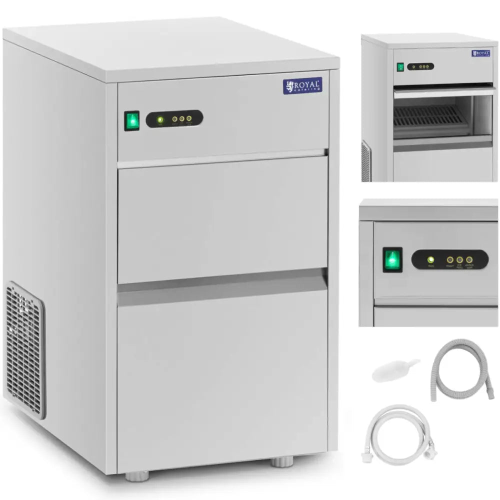 Automatisk ismaskin i rustfritt stål, front- og sidevisning med kontrollpanel og indikatorlys synlig.