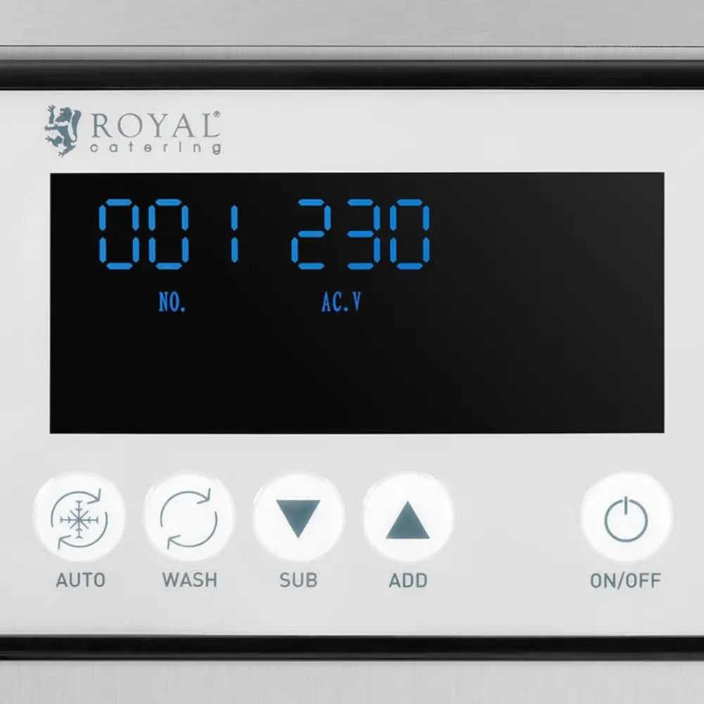 Automatisk italiensk ismaskin, nærbilde av digitalt display med blå LED-tall og fem hvite funksjonsknapper.