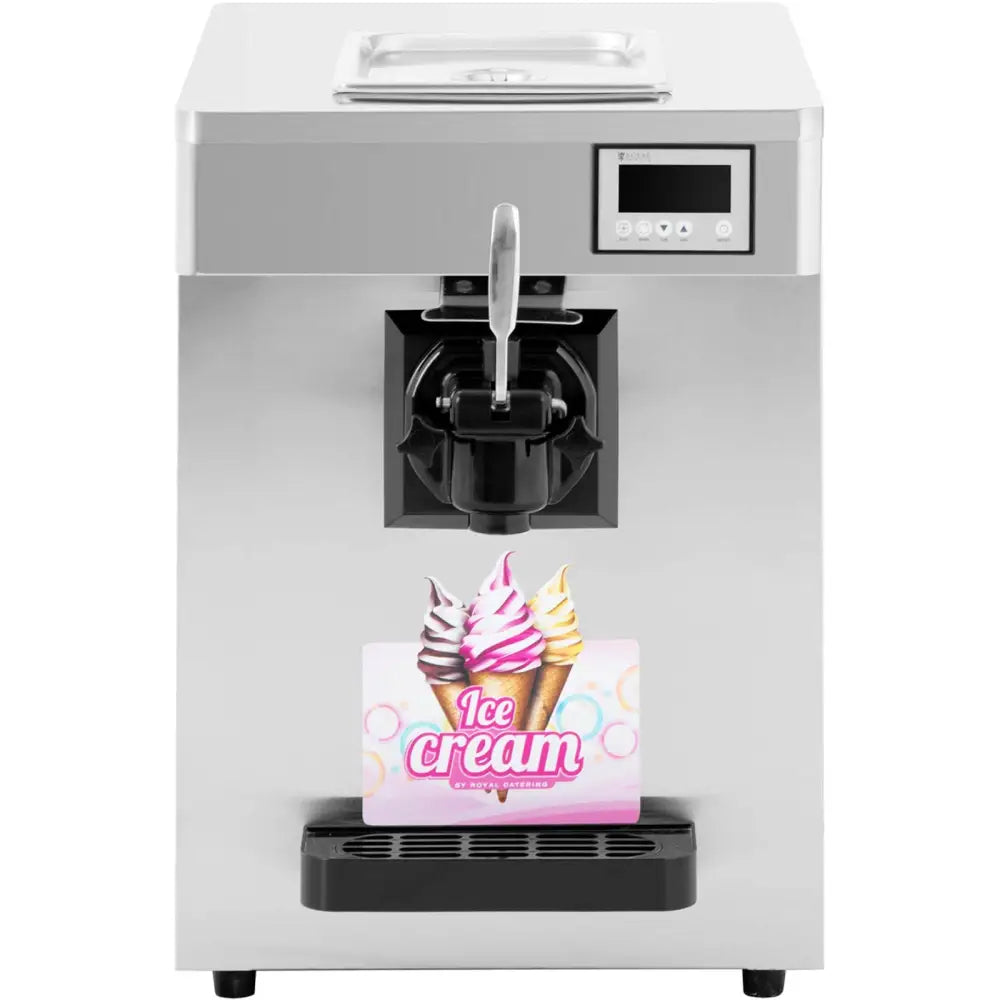 Automatisk italiensk ismaskin, frontbilde med digital skjerm, stor utløser og fargerikt iskremmotiv.