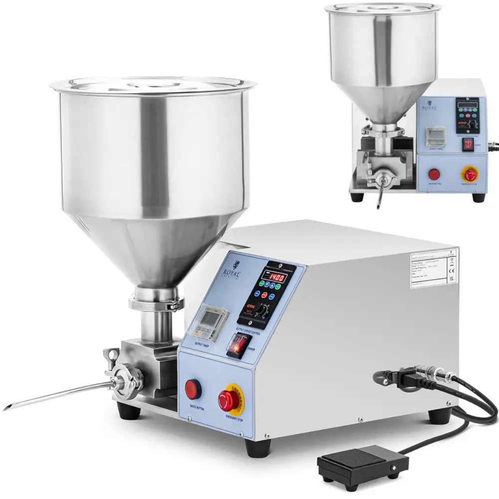 Automatisk justerbar fyller for 12L berlinerboller, skråvisning som viser trakt, digitalt panel og fotpedal.