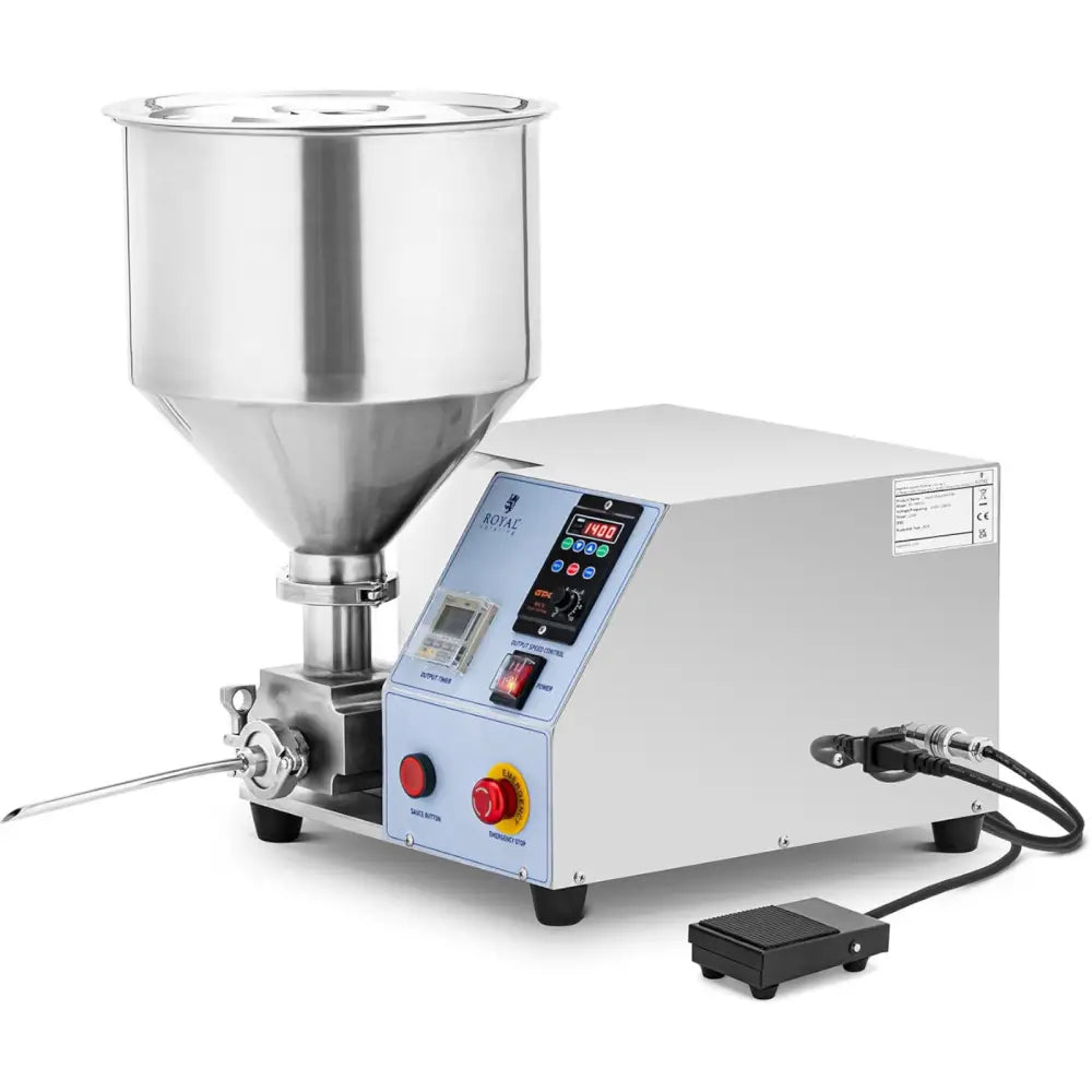 Automatisk justerbar fyller for berlinerboller, skrå frontvisning med digitalt panel og fotpedal.