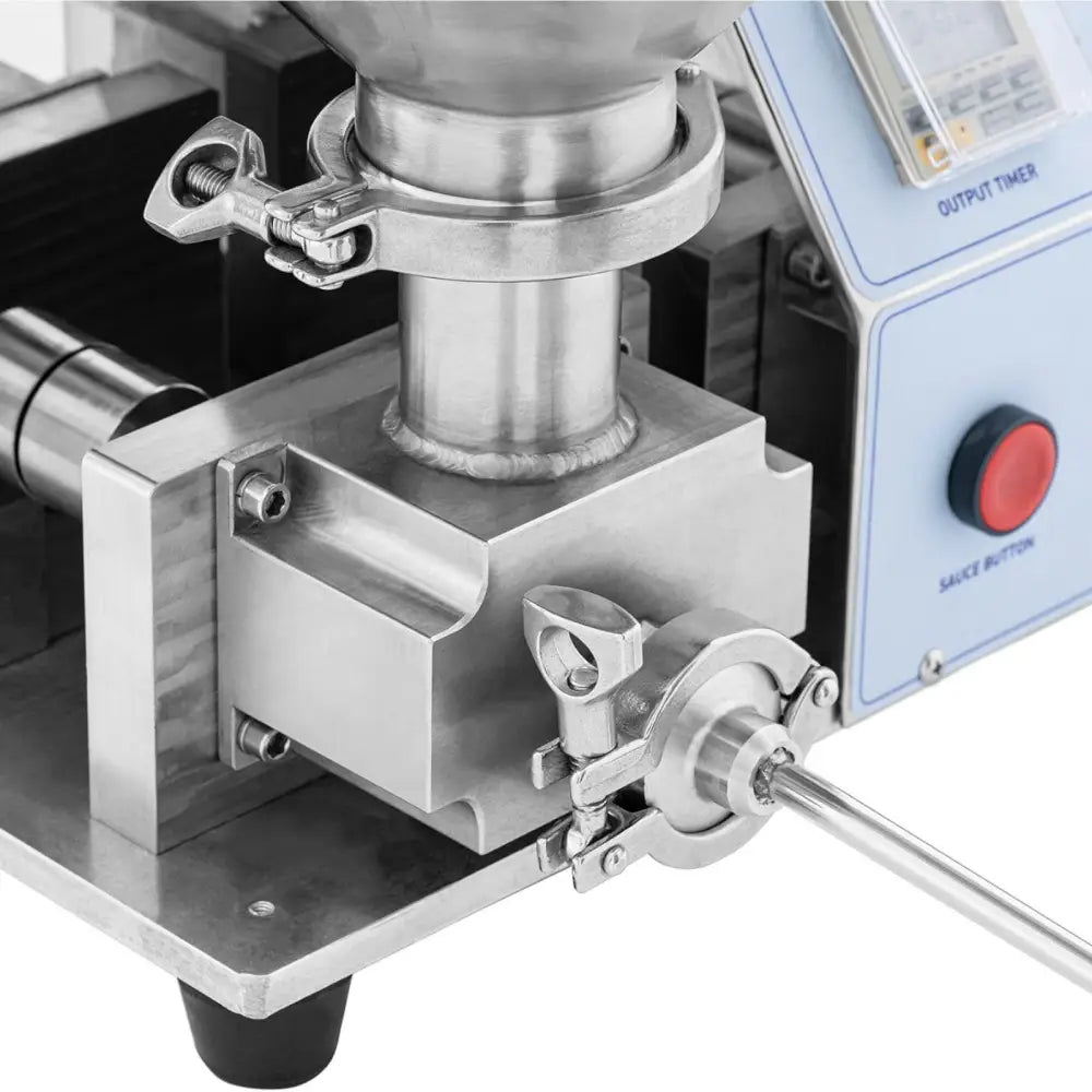 Automatisk justerbar fyller for 12L berlinerboller, nærbilde av rørkoblinger, låsemekanismer og kontrollpanel.