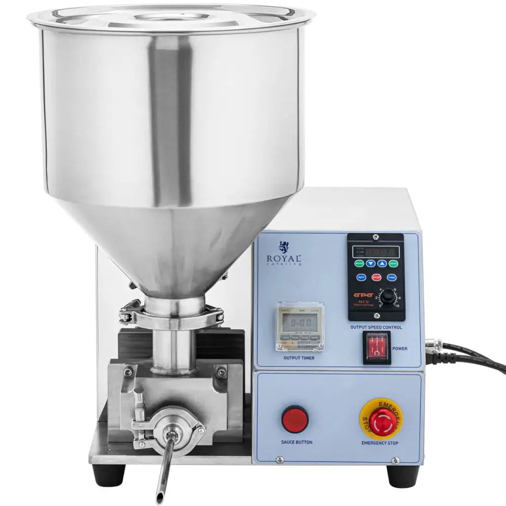 Automatisk justerbar fyller for 12L berlinerboller, frontvisning med stor trakt og digitalt kontrollpanel.