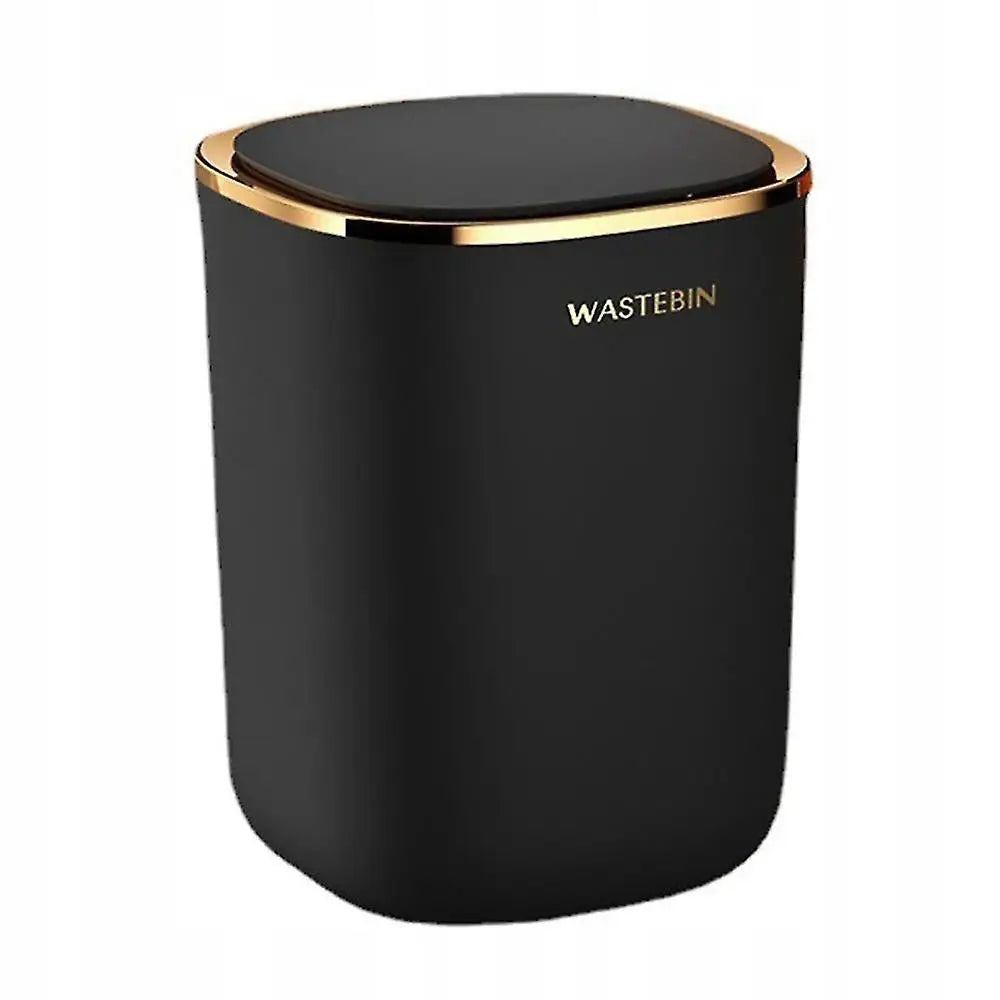 Automatisk søppelbøtte med bevegelsessensor, sort plast med matt finish og gullkant, skrå forfra.