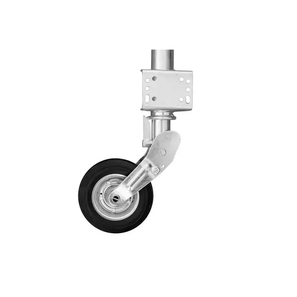 Automatisk støttehjul med stålfelg, sidevisning som fremhever monteringsbrakett og hjuloppheng.