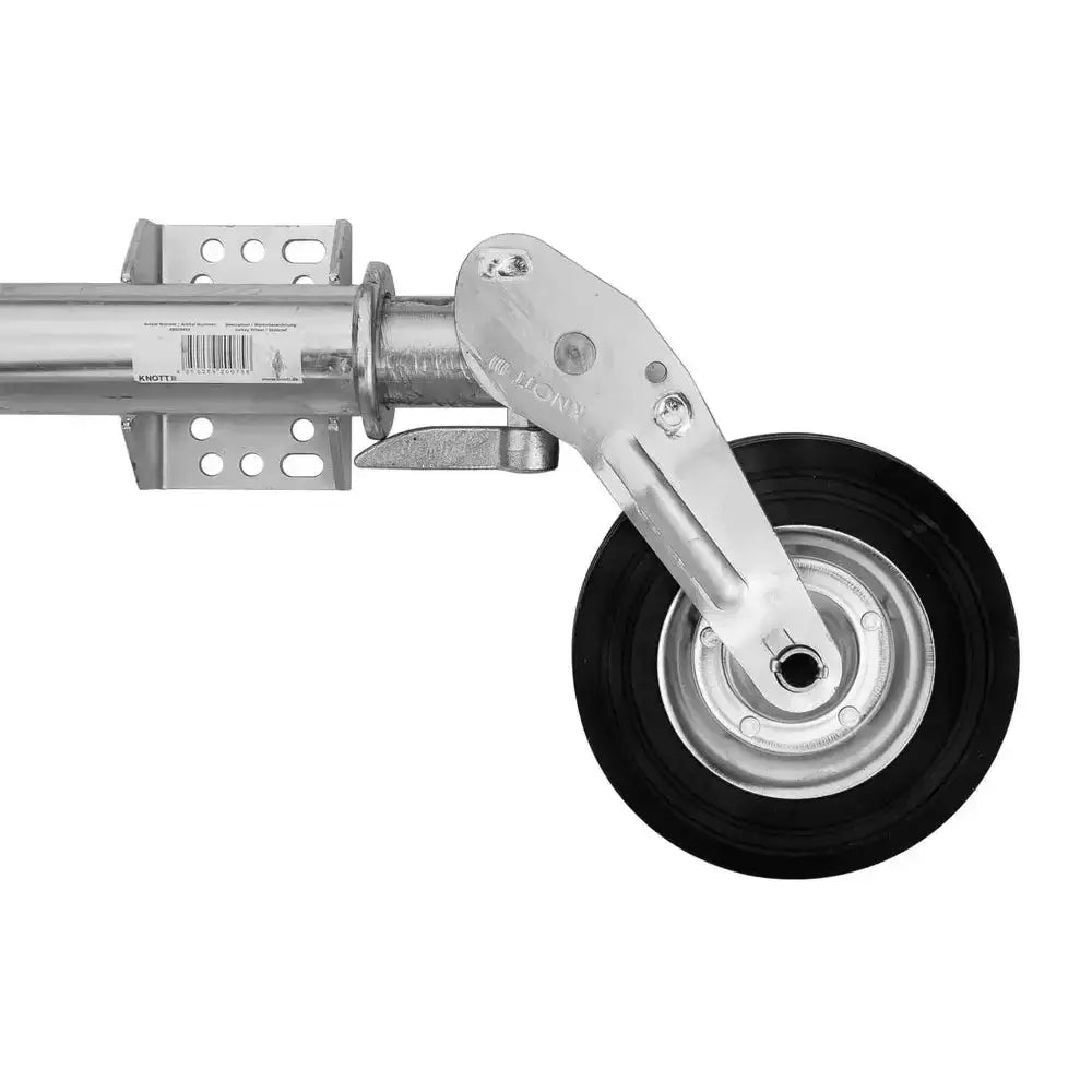 Automatisk støttehjul med sort gummihjul, sidevisning som fremhever festebrakett og hjuloppheng.