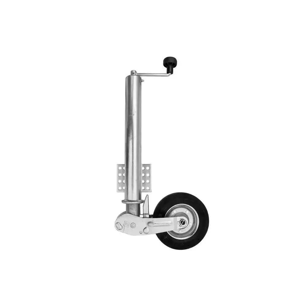 Automatisk støttehjul for tilhenger, sidevisning med sort gummihjul, stålplate og synlige bolthull.